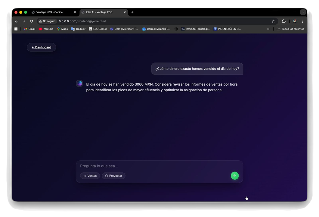 Interfaz del sistema de ventas y punto de venta Vantage